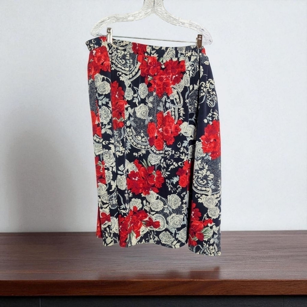 Vintage Koret 22W Floral Red and Black Women's Skirt 28in Length
